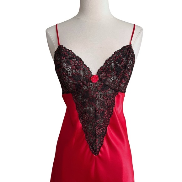 CINEMA ETOILE Red Satin Black Lace Slip Dress Lingerie Whimsigoth - Picture 2 of 13